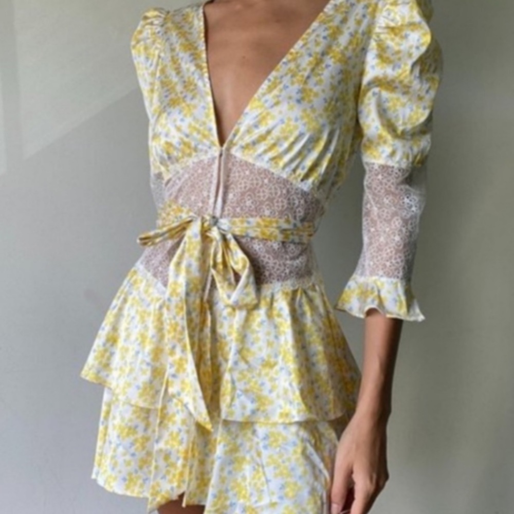 For Love & Lemons Yellow Floral Lace-Trim Mini Robe